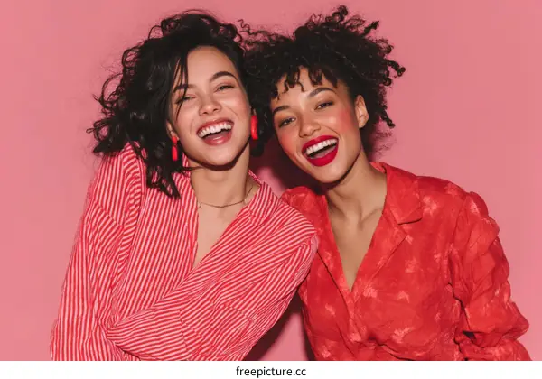 Two Women Laughing Against a Pink Background in Red Striped Shirts