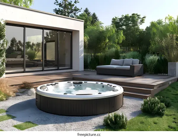 Modern Hot Tub In Backyard With Patio