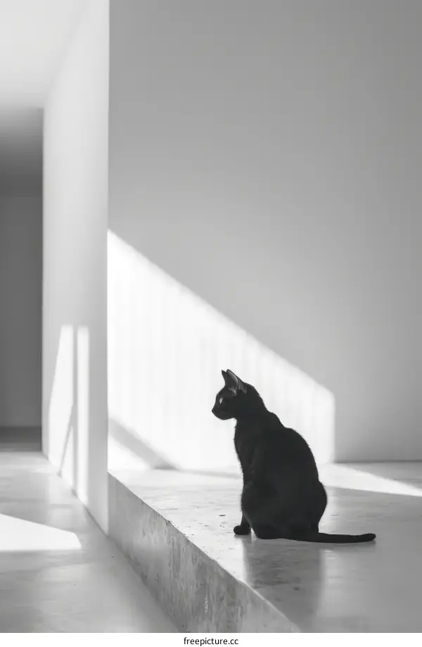 A black cat sits on a concrete ledge in a white room