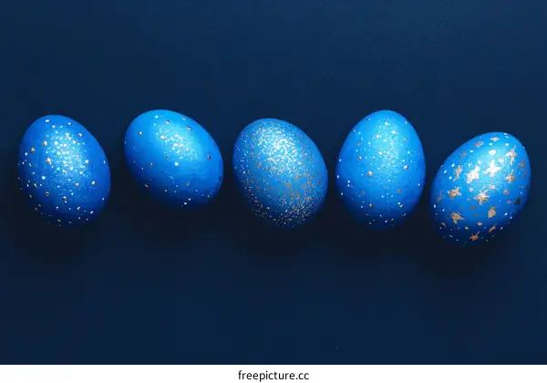 Five Festive Blue Easter Eggs on Dark Background