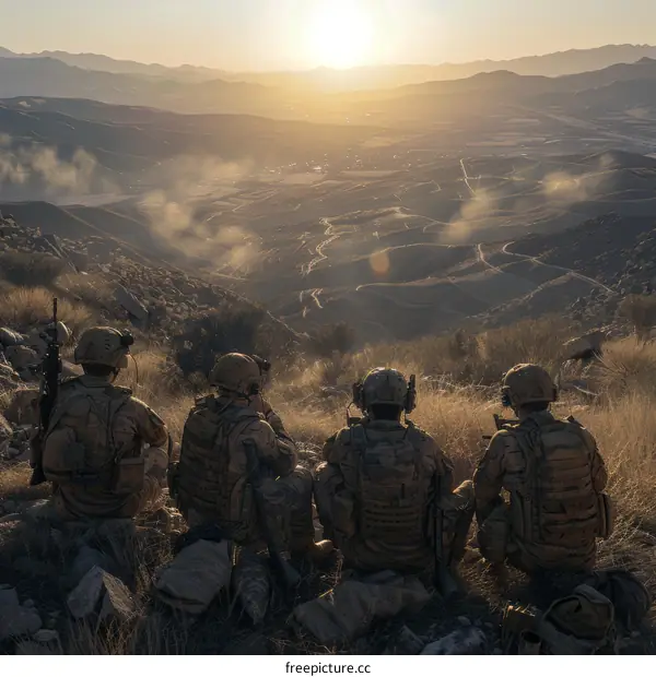 Four soldiers are sitting on a mountain, looking down at a valley.