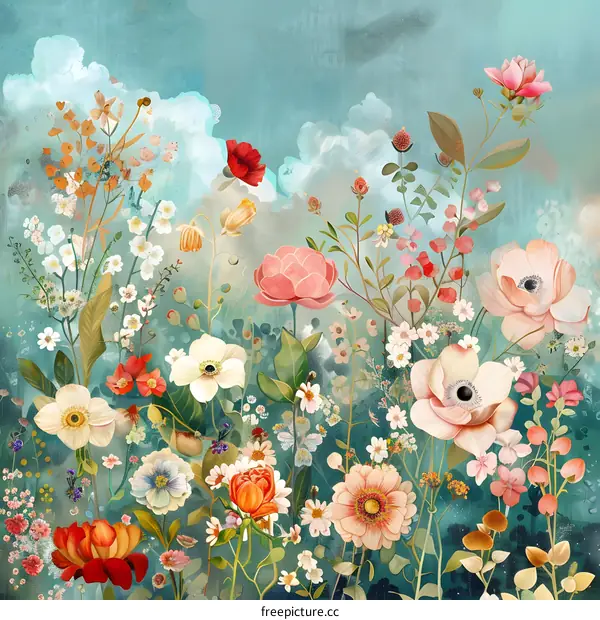 Colorful Floral Painting with Watercolor Effect