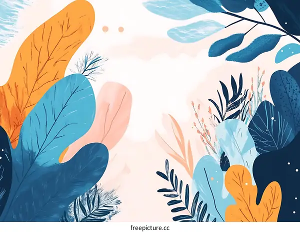 Abstract Floral Illustration With Blue And Orange Leaves