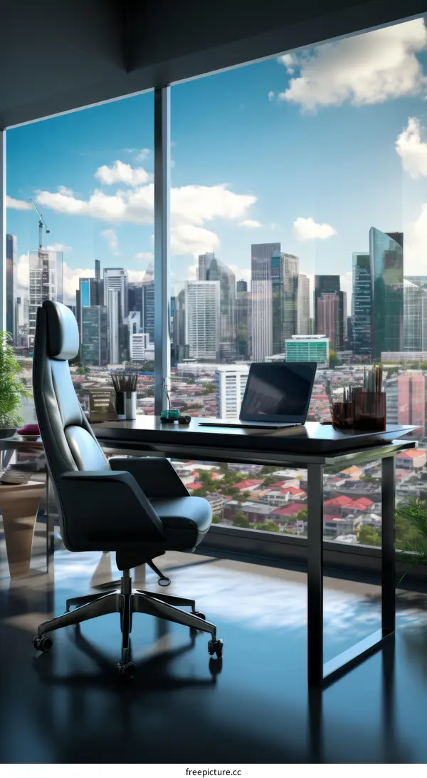 Modern office interior with large windows and city view