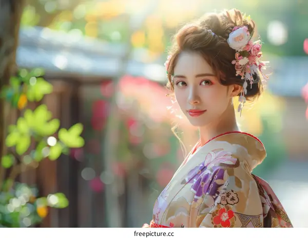 Portrait of a beautiful Japanese woman in traditional kimono