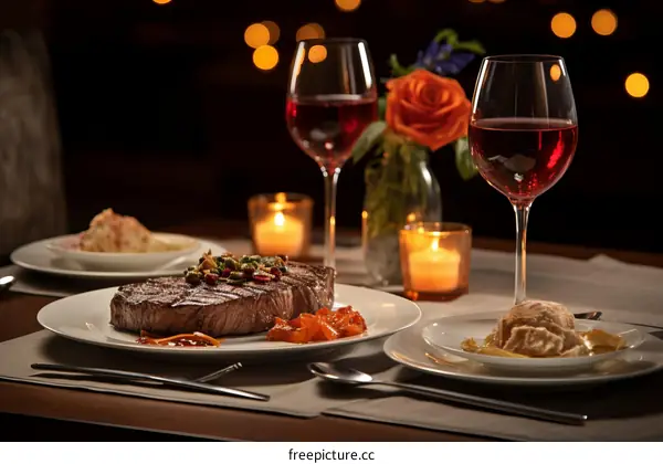 Romantic Steak Dinner with Red Wine