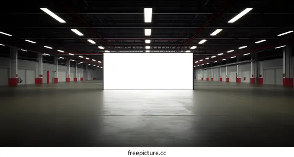 Empty Warehouse Interior with Large White Blank Canvas