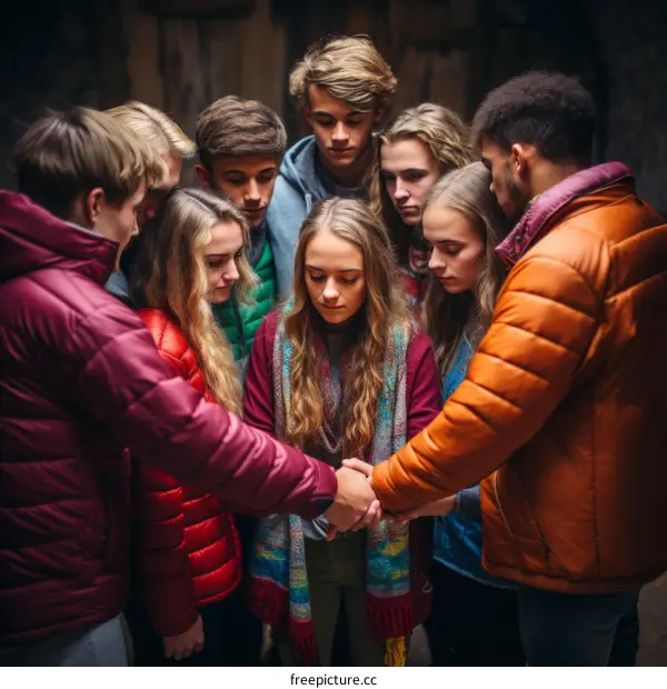 A group of young people holding hands and praying together in a circle