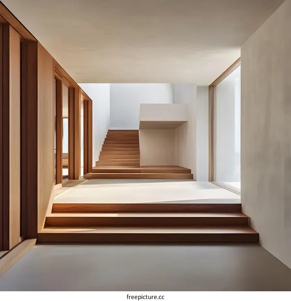 Modern Interior Design With Wooden Stairs And Large Windows