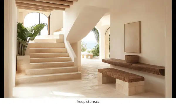 Minimalist Beige Interior Staircase and Entryway Design