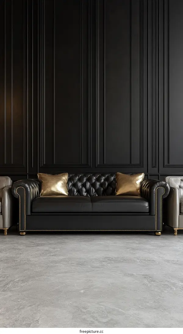 Elegant Black Leather Sofa in a Modern Interior