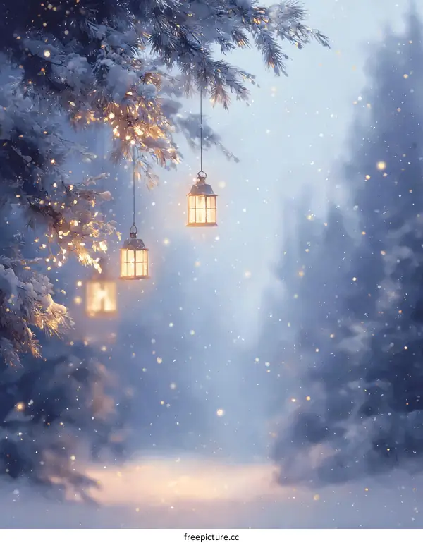 Winter Snow Scene with Hanging Lanterns