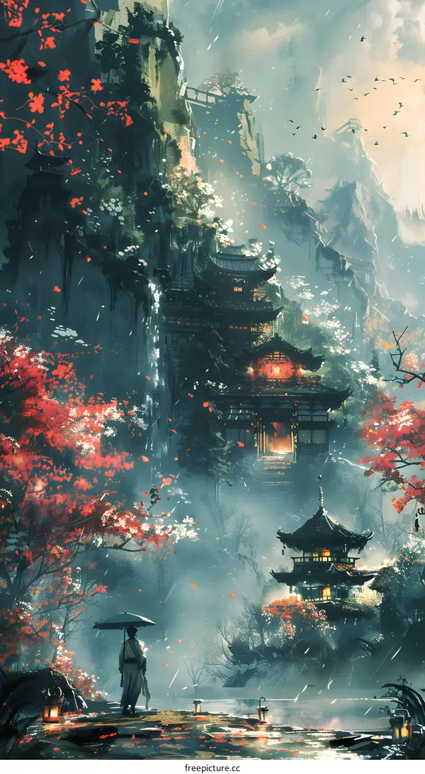 A digital painting of a traditional Japanese house in a forest with cherry blossoms