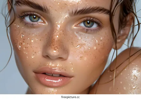 Close Up Portrait of Woman with Freckles and Water Drops on Her Skin