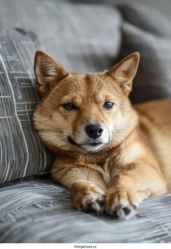 A cute Shiba Inu dog is lying on a gray sofa