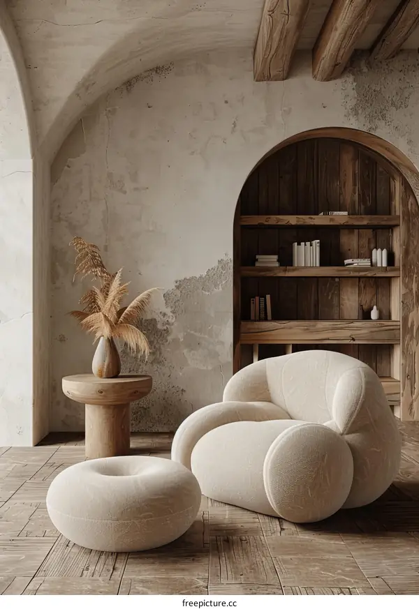 Beige Upholstered Lounge Area with Wooden Beams