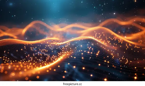 Abstract Futuristic Landscape with Vibrant Orange and Blue Colors and Glowing Particles