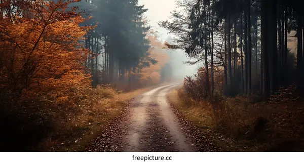 Autumn Forest Path With Fog