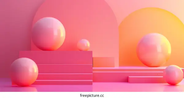 Pink and yellow abstract background with pink spheres on podiums