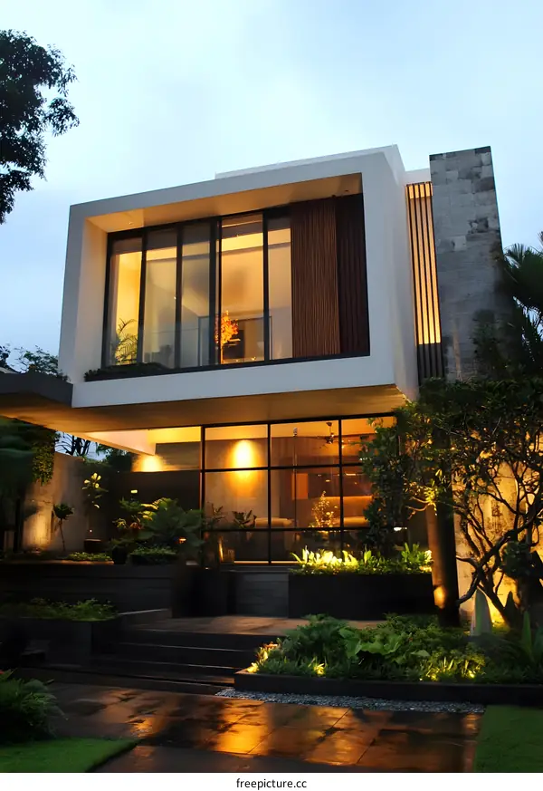 Modern House with Large Windows and Lush Greenery