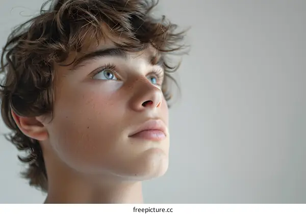 Portrait of a Teenage Boy with Curly Hair Looking Up