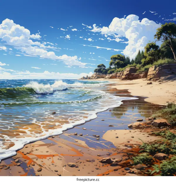 Rocky Beach with Pine Trees