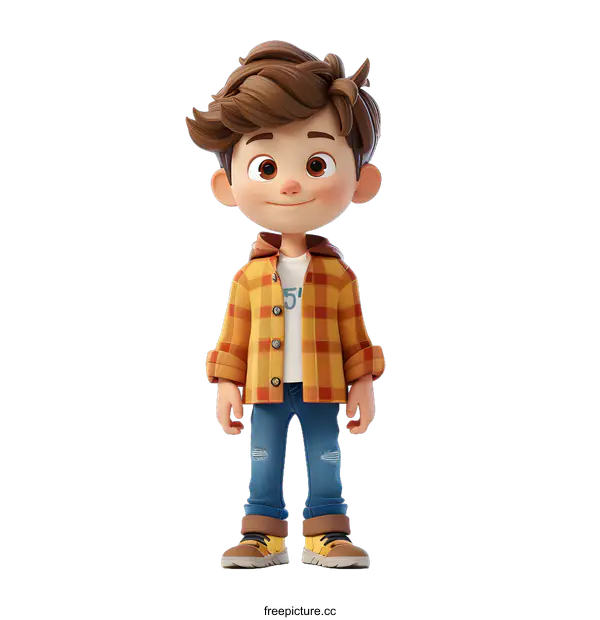 [Transparent Background PNG]A 3D rendering of a young boy in a plaid shirt and jeans
