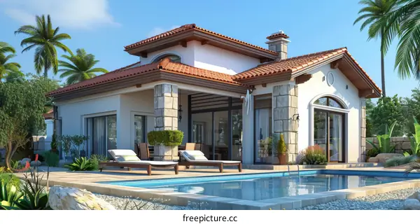 Modern mediterranean villa with pool and palm trees