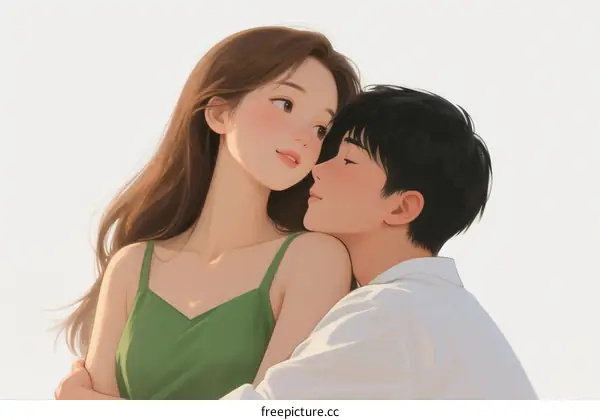 A Young Couple Embracing Under Clear Sky with Warm Atmosphere