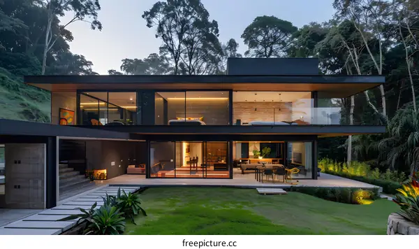 Modern Black House with Large Windows and Glass Balcony in Forest
