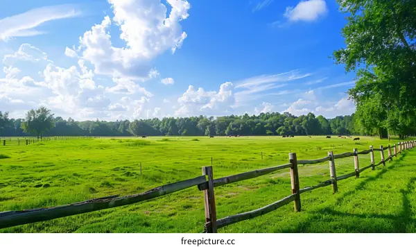 Farm with green grass and blue sky
