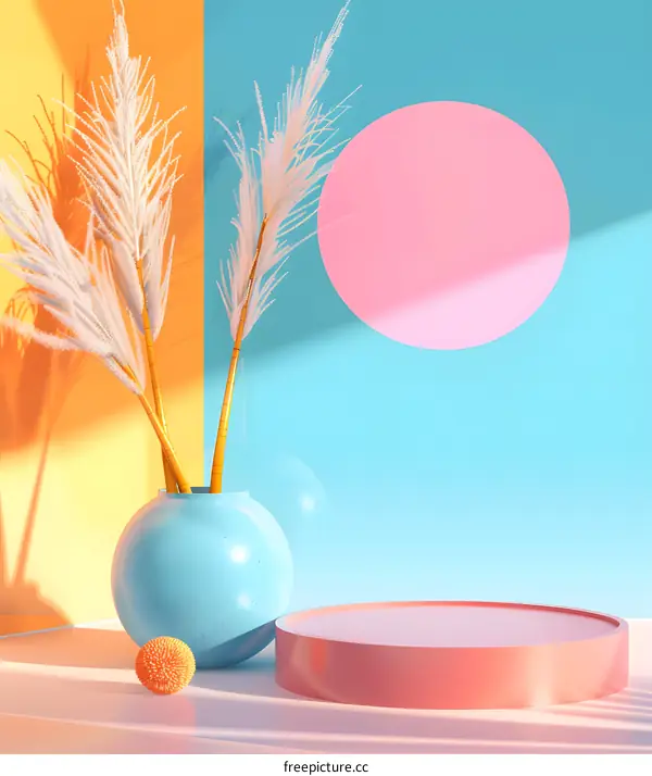 Pastel Colored Background With Vase And Pampas Grass