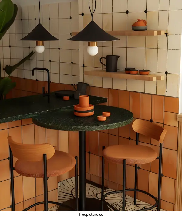 Modern Kitchen Interior Design with Orange Tiles and Black Pendant Lights