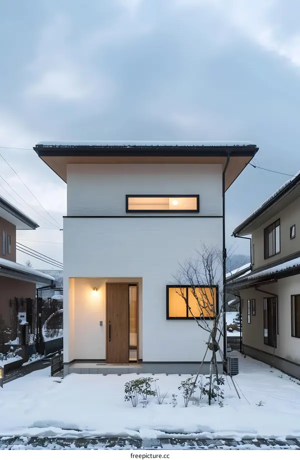 Modern Minimalist White House with Wooden Door and Windows in Winter