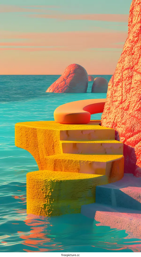 Abstract  Staircase Leading To A Large Rock In The Sea