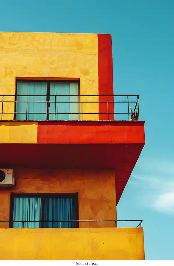 Yellow Building With Red Stripe And Balcony