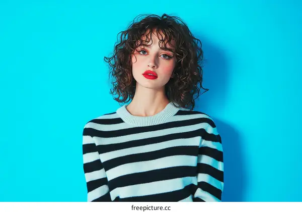Fashionable Woman in Striped Sweater Against a Vivid Blue Background