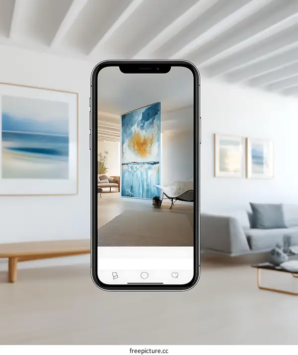 Abstract Artwork Displayed on Phone Screen In Modern Interior