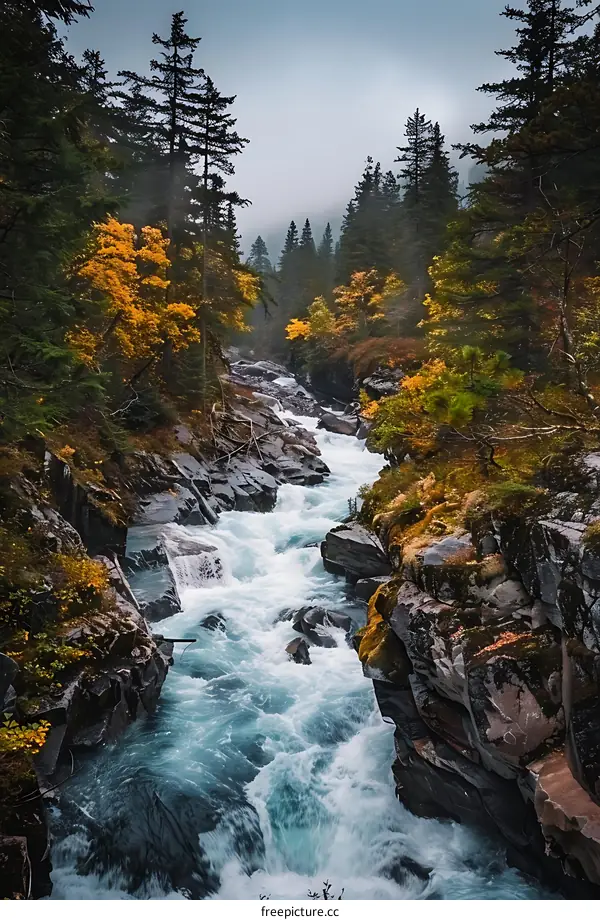 Autumn Colors and Rushing River in a Mountain Valley