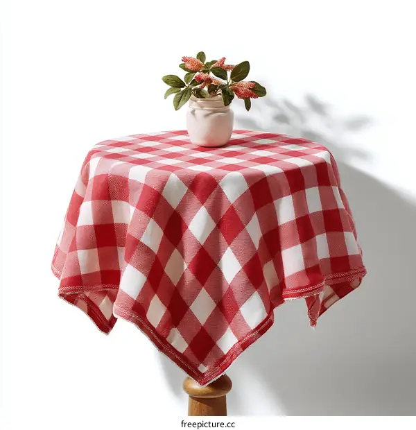 Red and White Gingham Tablecloth on Wooden Table