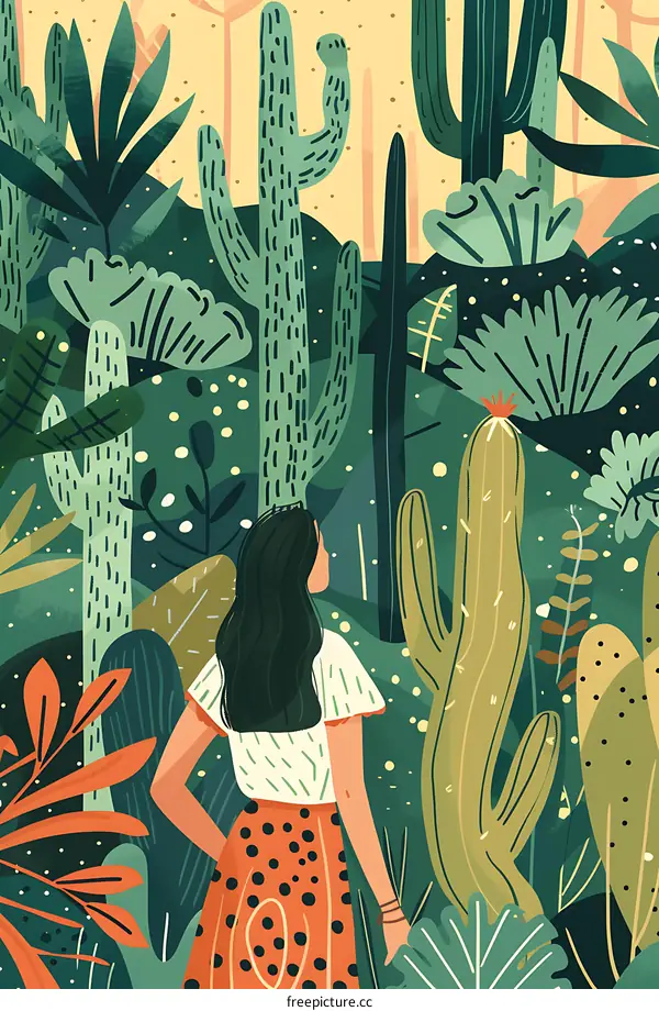 Woman Standing in a Cactus Forest Illustration