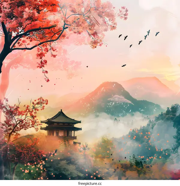 Mountain Landscape With Pagoda In Mist