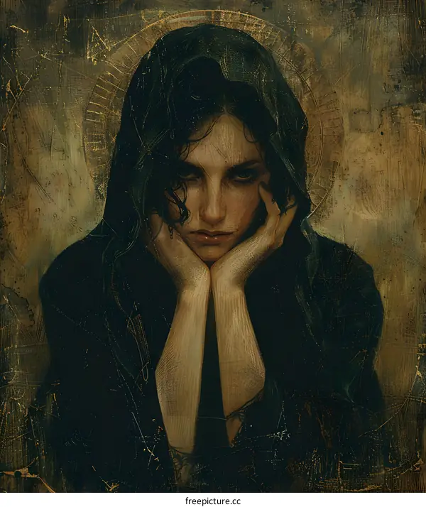 portrait of a young woman in a dark hood