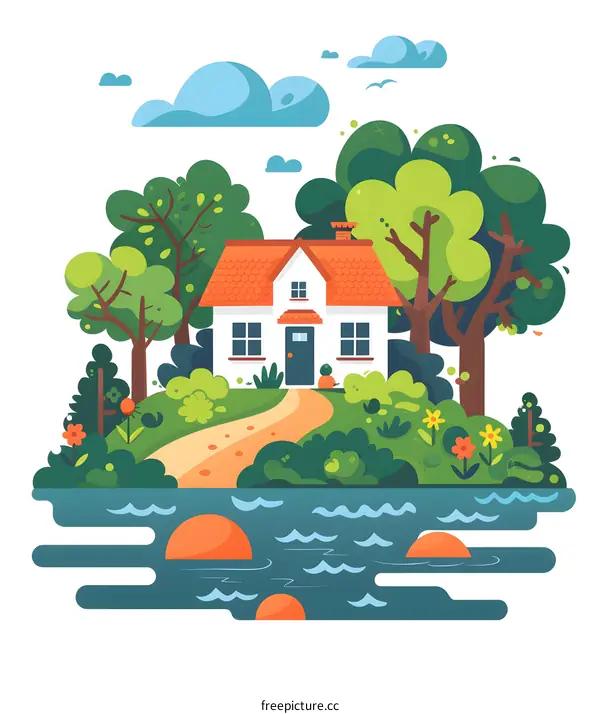 Cartoon Illustration of a House by the Lake