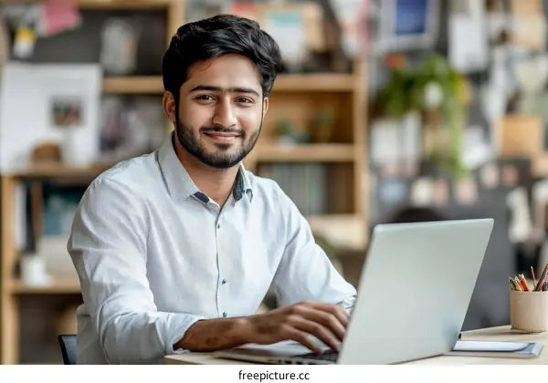 Smiling Business Person Working on Laptop
