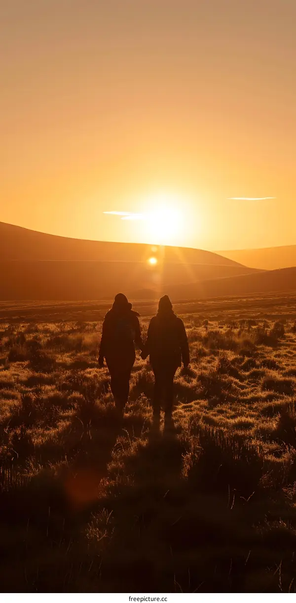 Two People Walking Toward Sunset in a Field