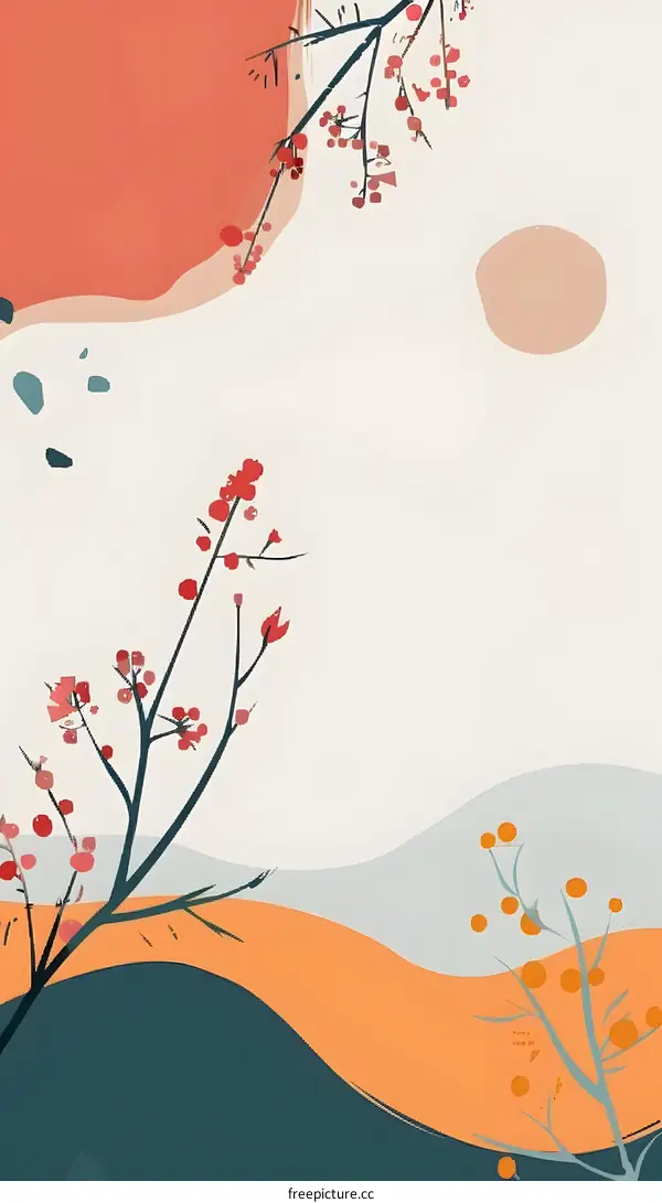 Abstract Minimalist Illustration with Branches and Berries