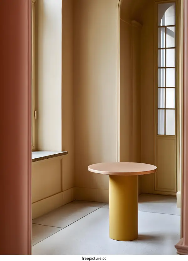 Yellow Table in Interior Room with White Walls