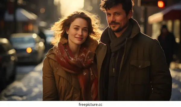 A young couple is smiling and walking down a city street.