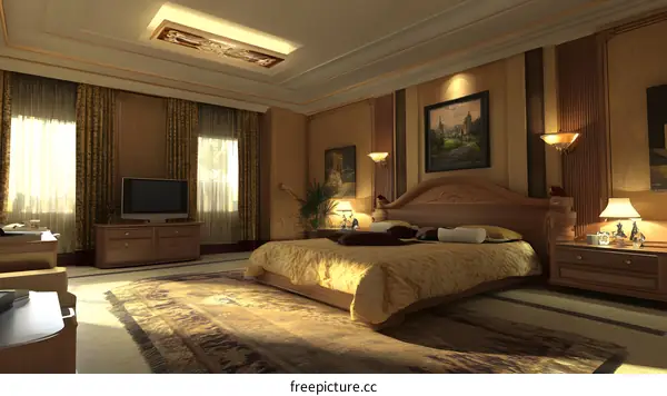 Luxury Bedroom Interior Design with Wooden Furniture and Gold Accents
